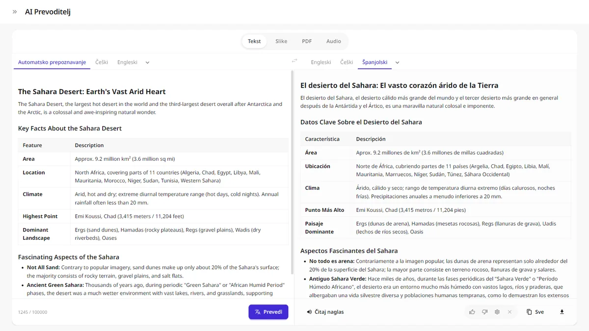 GuideGlare AI prevoditelj – primjer prijevoda formatiranog dokumenta s tablicama i stavkama