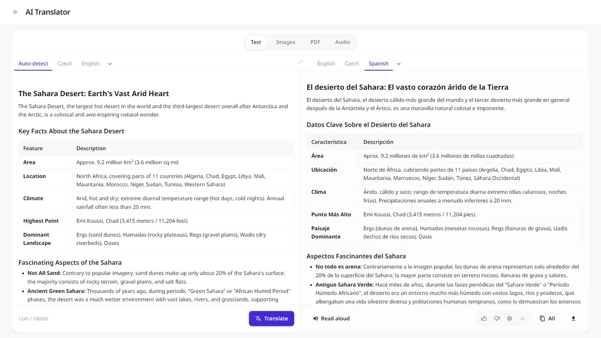 GuideGlare AI-översättare – exempel på översättning av formaterat dokument med tabeller och punktlistor