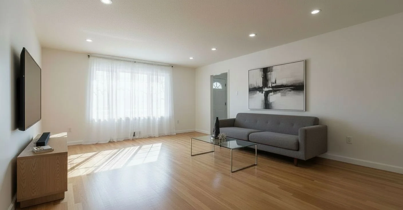 Living room in a renovated apartment with a light floor