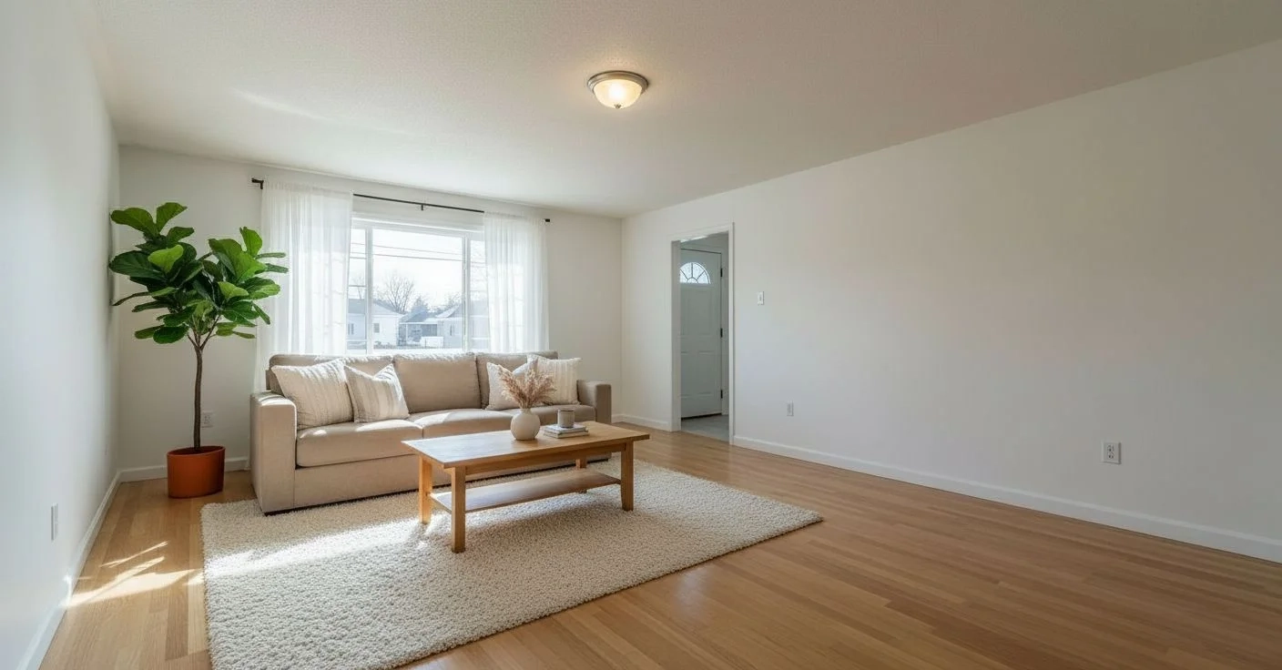Lyst skandinavisk interiør med sofa, træ og planter